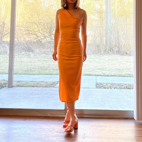 NWT PLT tangerine rib one shoulder fold detail midi dress NWT PLT tangerine rib one shoulder fold detail midi dress